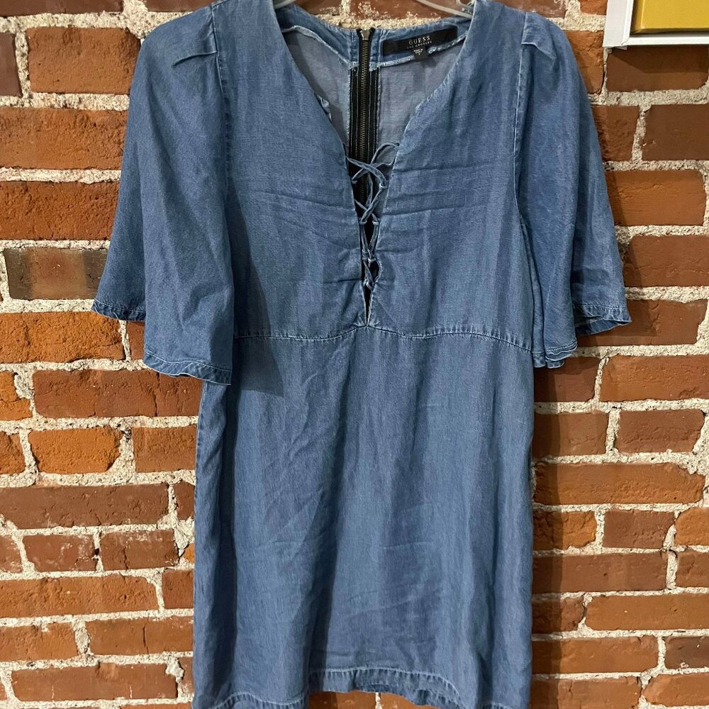 GUESS Chambray Lace-up Front Mini Dress
